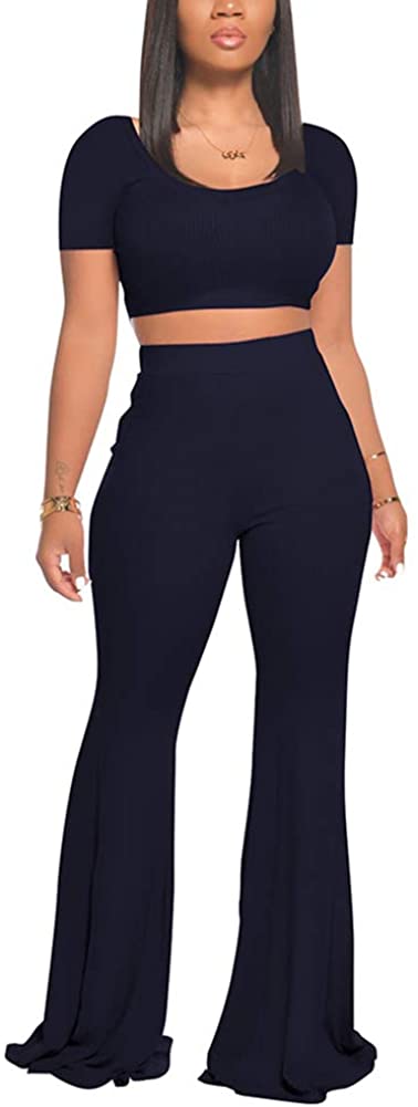 2 Piece Outfits for Women Workout Sets - Sexy Crop Top + High Waisted Flared Long Pant Sets Track Suits Yoga Sports