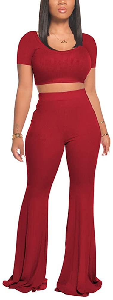 2 Piece Outfits for Women Workout Sets - Sexy Crop Top + High Waisted Flared Long Pant Sets Track Suits Yoga Sports