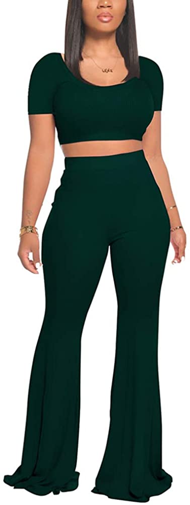 2 Piece Outfits for Women Workout Sets - Sexy Crop Top + High Waisted Flared Long Pant Sets Track Suits Yoga Sports