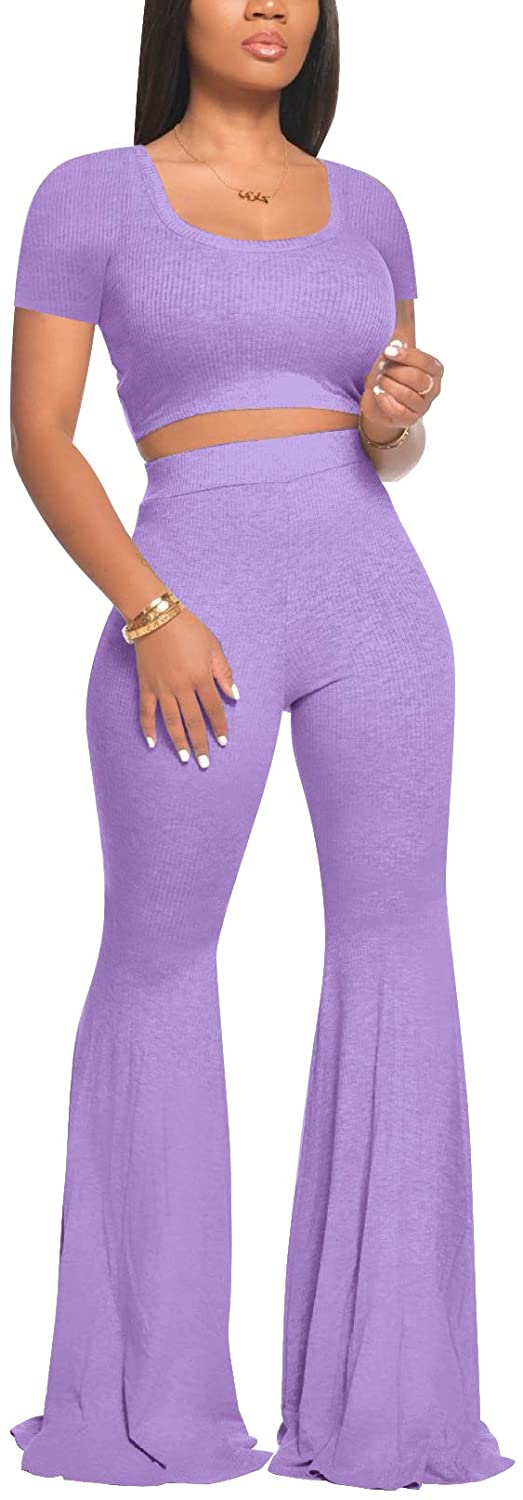 2 Piece Outfits for Women Workout Sets - Sexy Crop Top + High Waisted Flared Long Pant Sets Track Suits Yoga Sports