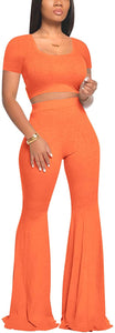 2 Piece Outfits for Women Workout Sets - Sexy Crop Top + High Waisted Flared Long Pant Sets Track Suits Yoga Sports