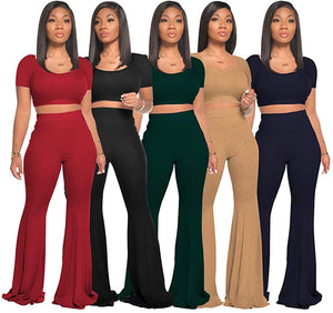 2 Piece Outfits for Women Workout Sets - Sexy Crop Top + High Waisted Flared Long Pant Sets Track Suits Yoga Sports