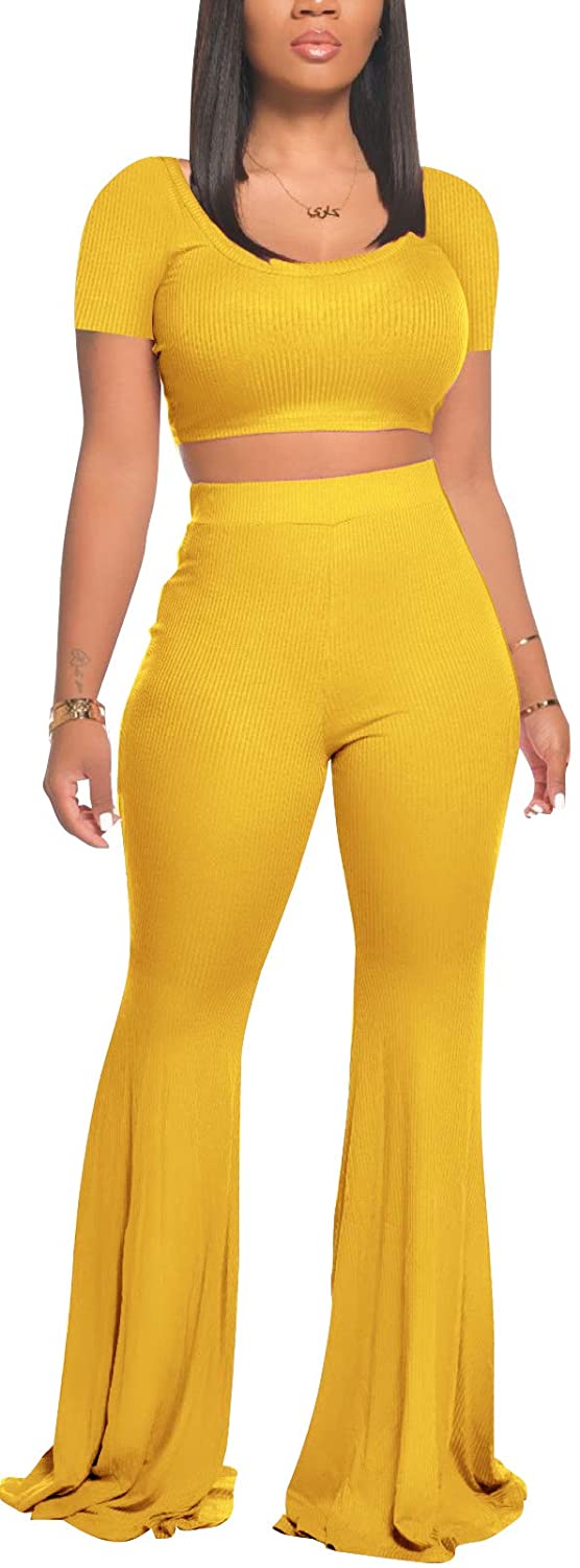 2 Piece Outfits for Women Workout Sets - Sexy Crop Top + High Waisted Flared Long Pant Sets Track Suits Yoga Sports