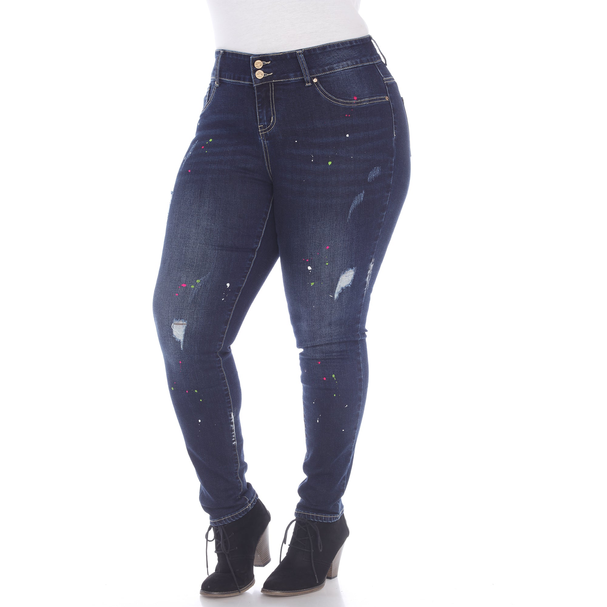 Plus Size Paint Effect Dark Blue Denim Pants