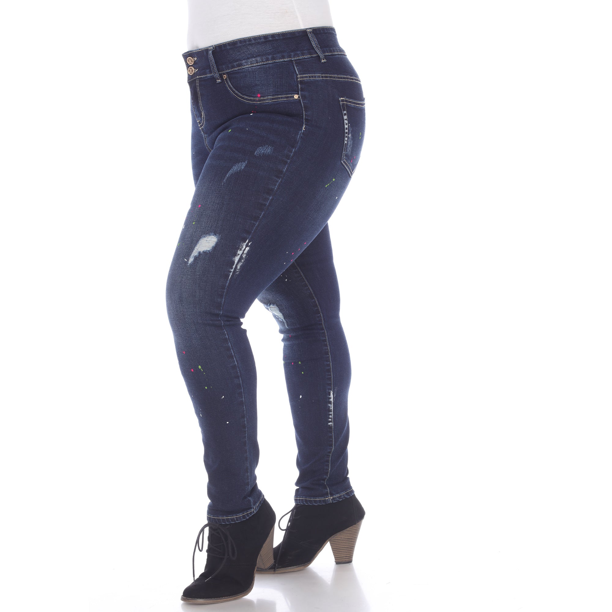 Plus Size Paint Effect Dark Blue Denim Pants