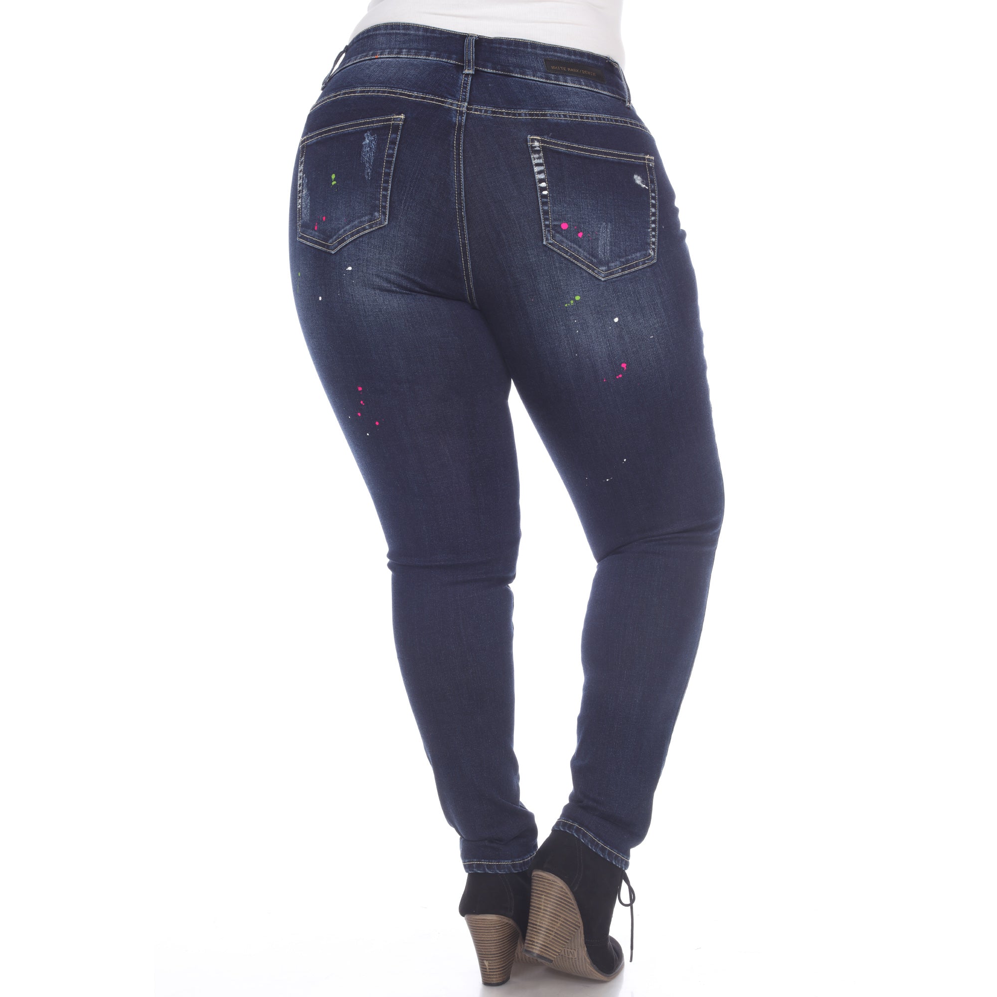 Plus Size Paint Effect Dark Blue Denim Pants